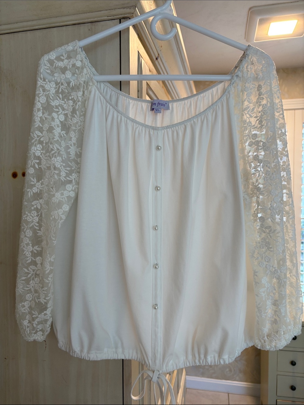 Coton Frais Ivory Lace-Sleeve Button Front Cotton Peasant Top /Drawstring Hem
